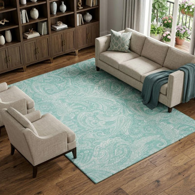 Tapis lavable sarcelle et ivoire 8 pi x 10 pi avec protection UV