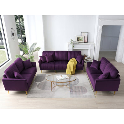 3-Piece Sectional Sofa Set, Modern Velvet Upholstered Sofa Couch With Sturdy Metel Legs For Living Room, Apartment, 3-Seater Sofa + 2 Piece Loveseat Sofa, Purple