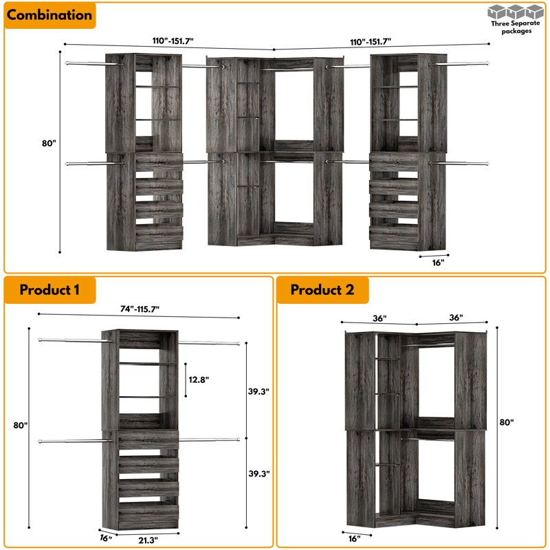 Système de placard réglable 57,3 "à 151,7" avec 8 tiroirs et 8 tringles à vêtements, Gris