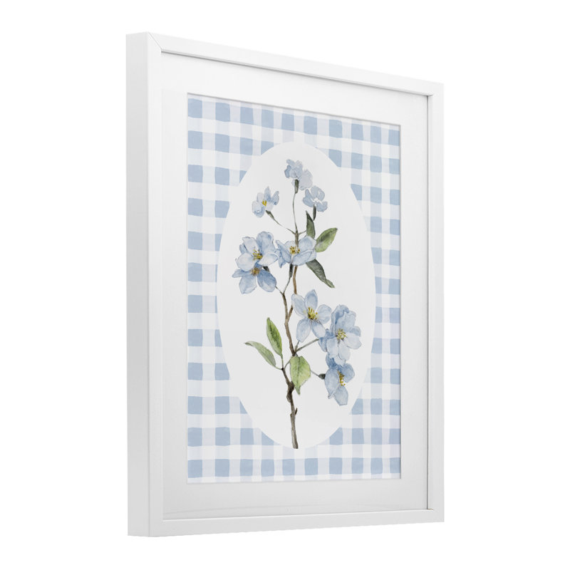 «Blooms on Blue Checkers», reproduction encadrée sous verre, conception de Lanie Loreth, Cadre blanc côtier
