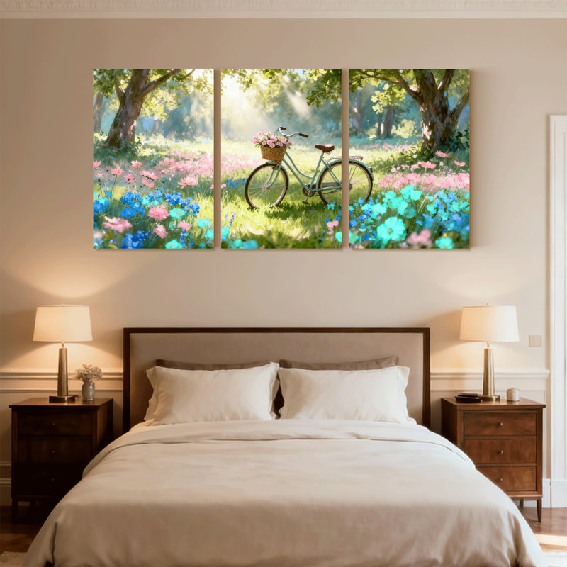Assortiment de bouquets de bicyclettes dans un jardin de fleurs avec lumière du soleil, ensemble de 3 impressions sur toile