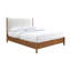 Grand lit de style Mid-Century avec panneau rembourré noyer et beige, matériau en bois massif, pieds ronds effilés, utilisation dans la chambre à coucher de style moderne, couleur, tête de lit à panneau en tissu, placage, matelas requis