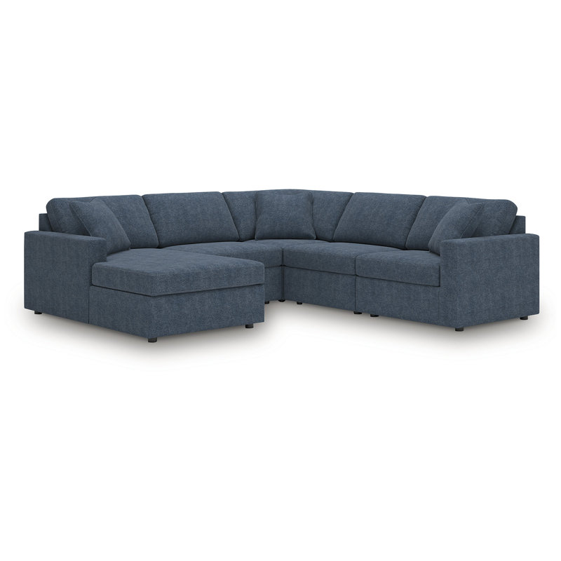 Canapé modulaire 5 pièces avec méridienne Depew, Polyester bleu, Orienté à gauche (vu de face)