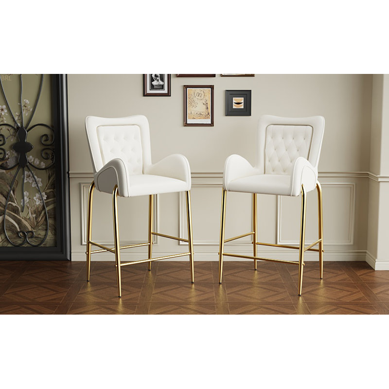 28.75Inch Counter Height Bar Stools Set Of 2, Bar Height Arm Chairs, Velvet Fabric Stools With Legs And Footrests, White
