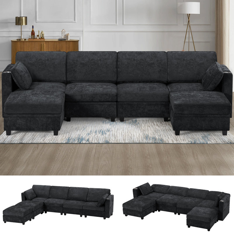 110" U-Shape Sectional Sofa W/Adjustable Backrests, 6-Seat Modular Couch W/Ample Storage Space, Chenille Upholstered Sofa W/Usb Port & Cup Holders For Livingroom, Bedroom