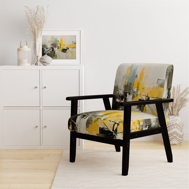 Paper Euphoria I - Upholstered Midcentury Modern Arm Chair, Black, Yellow