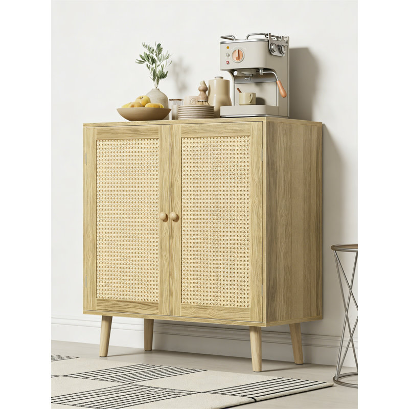 PE Rattan Door Buffet Cabinet, Solid Wood Feet, Natural For Living Room, Beige