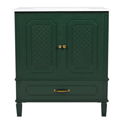 Meuble-lavabo de 30 po avec lavabo style rétro, espace de rangement multifonctionnel, tablette de porte, porte à fermeture en douceur, vert (même numéro de pièce: N759P218644F)