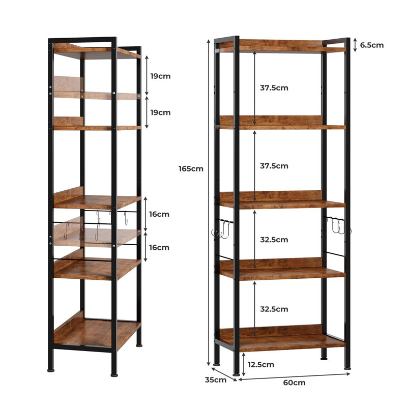 5-Tier Freestanding Kitchen Storage Shelf Unit with S-Shaped Hooks, Adjustable Multipurpose Standing Baker's Rack and Bookshelf for Home Kitchen and Living Room