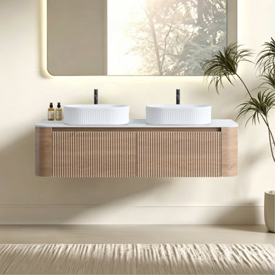Meuble-lavabo Erba 60 pouces avec lavabo, armoire murale couleur miel avec porte-serviettes offert, double lavabo ovale en céramique à rayures, sans bonde ni robinet, préassemblé