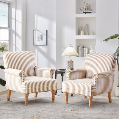  Ensemble de chaises rayées rembourrées en bois avec accoudoirs roulés