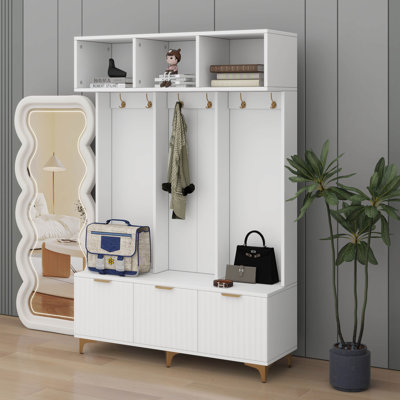 Arbre de luxe avec 6 crochets dorés et pieds dorés, armoire de rangement pour chaussures avec 3 portes cannelées ultrabrillantes