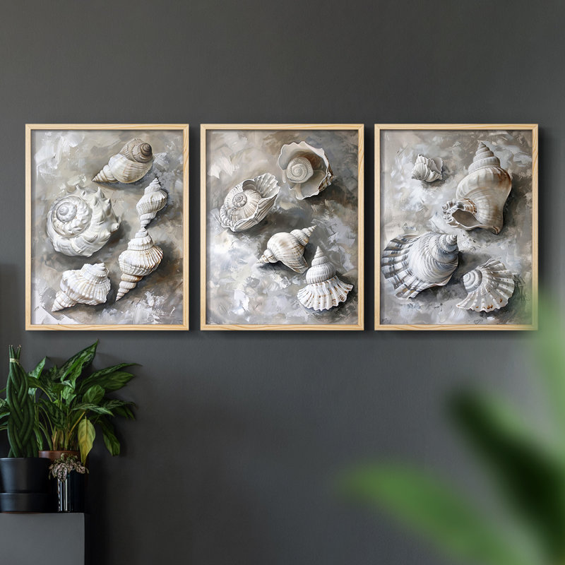 Sea and Shore  Series  L  -Set Of 3 Framed Giclee Prints -Ready to Hang, Natural, 14" H x 11" W