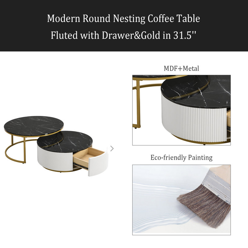 Table basse gigogne moderne cannelée avec tiroir Modern, Noir, noir, noir, noir