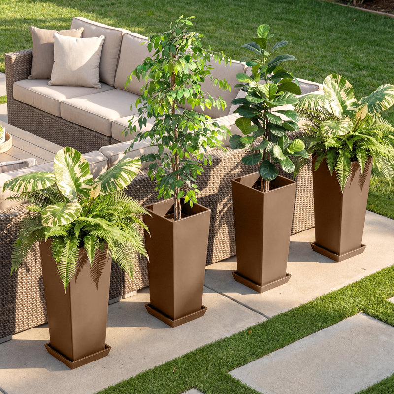 2 Pairs Tall Planters-Indoor and Outdoor Planters for Large Plants（4 Pieces）, Brown