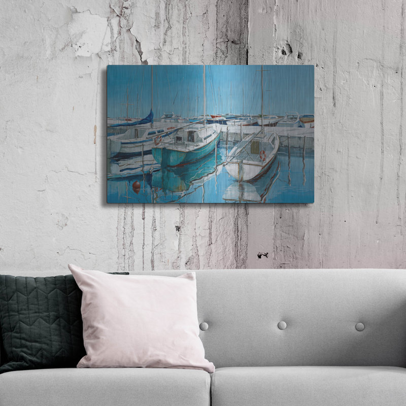 Art mural en métal Breakwater Bay «Anchored Bateaux On Pier» par Max Maxx, H 24 po x l 36 po
