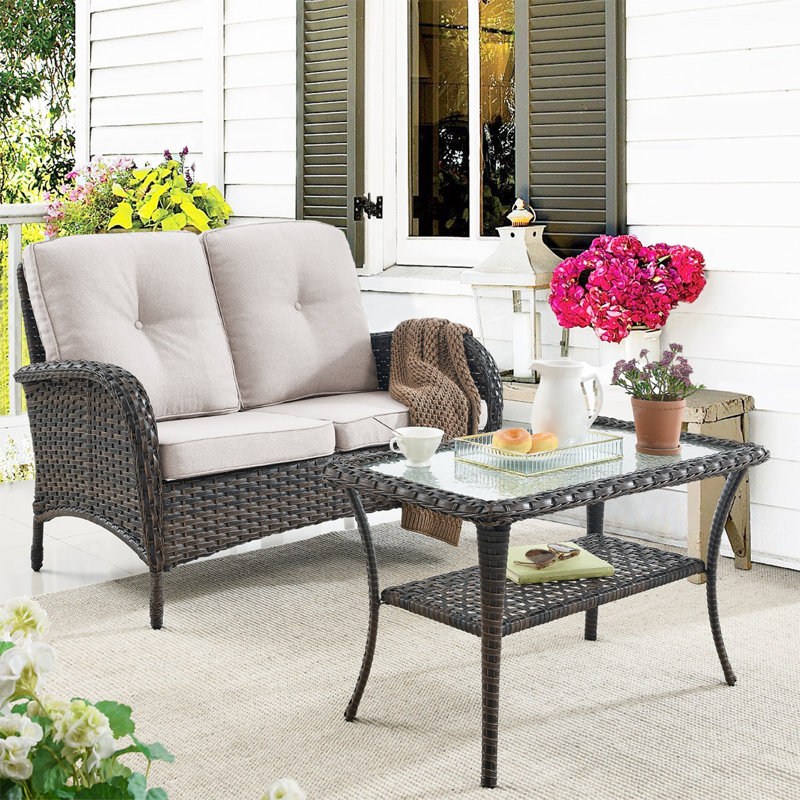 Hou Wicker 2 - Person Patio Conversation Set with Cushions, Beige