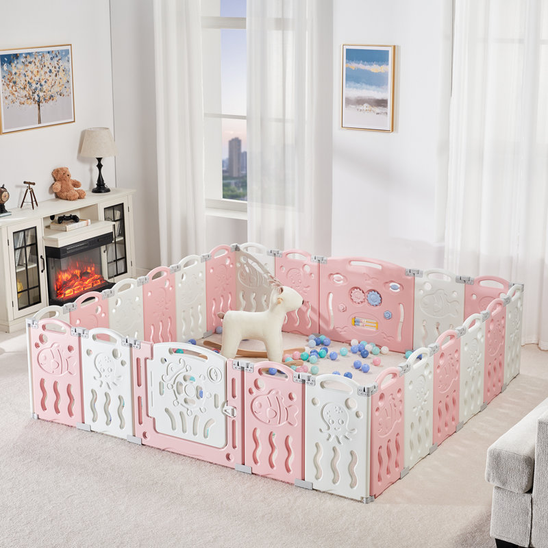 Centre d'activités pour enfants avec parc de jeu et barrière de sécurité Brile Albott, H 25 po x l 85 po x P 85 po, Rose