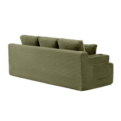 Canapé de 86,2 po sans os avec 2 coussins, 3 places en velours côtelé avec porte-gobelet et poche latérale, installation facile