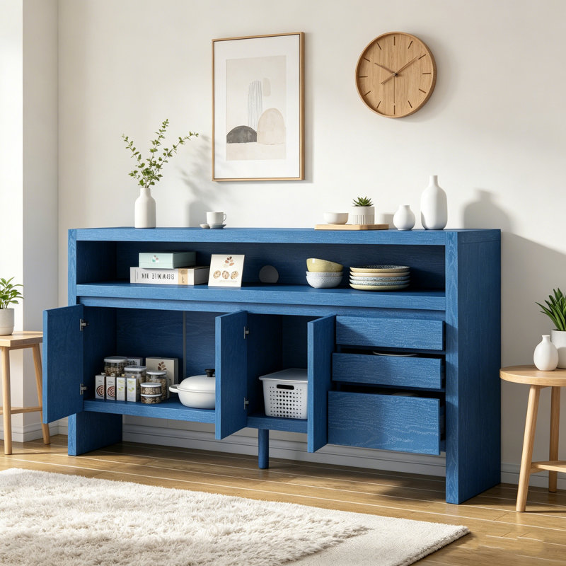Buffet 60 po 3 portes 3 tiroirs avec placage en frêne massif, tablette semi-ouverte et découpe circulaire 60 po, Marine