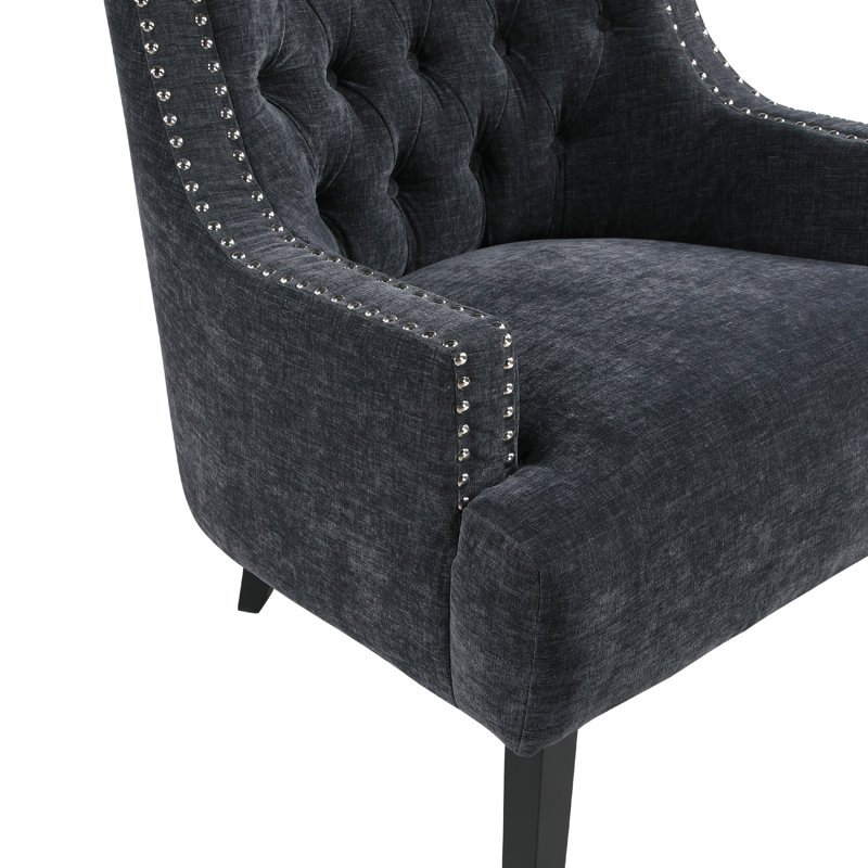 Fauteuil décoratif Daisie, chenille beige capitonnée, bois massif, Noir
