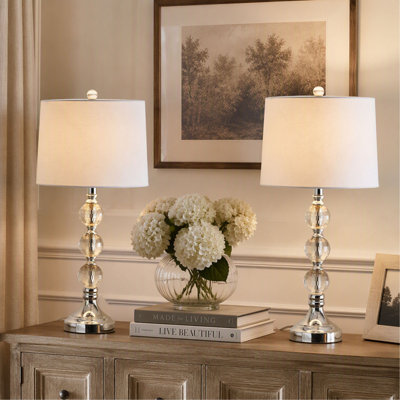 Table Lamp, Set of 2, 27.5", Crystal, 3-Way Dimmable, Clear Crystal, White Shade, Nickel Base