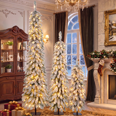 Set of 3 Multi-size Pre‑Lit Snow Flocked Pencil Christmas Trees with Metal Flat Base, Slim Artificial Xmas Trees with 750 Branch Tips, 480 LED Warm Lights & 8 Modes, 3.9+5.9+7.9 FT