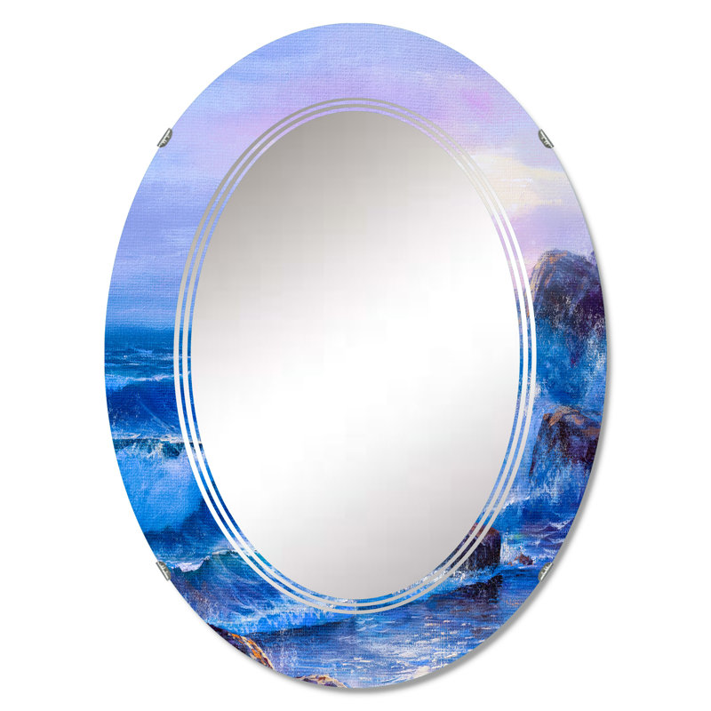 Morning Sun Over On Breaking Sea Waves - Miroir mural nautique et côtier ovale, 30 po x 20 po