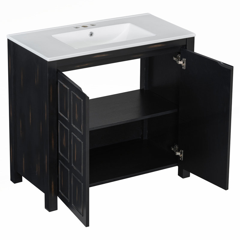 Handcrafted Bathroom Vanity Organizer with Ceramic Sink and Distressed Finish, Ideal for Elegant Storage Solutions