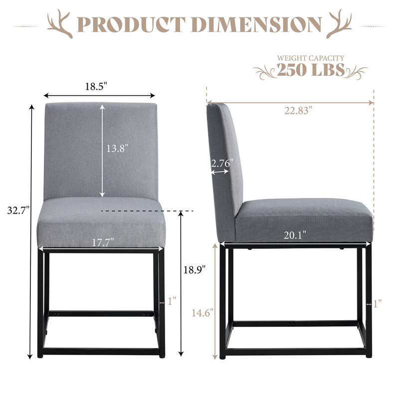  Chaises de salle à manger rembourrées en lin 19 po H avec structure en métal, gris, Gris