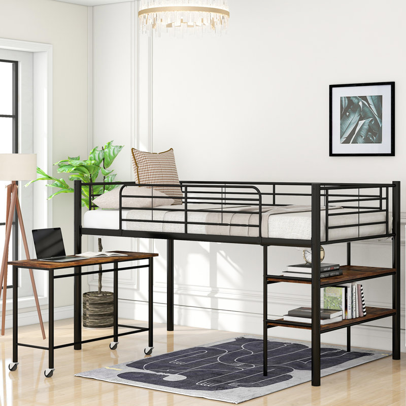 Penick Twin Loft Bed with Bookcase and Rolling Desk by Viv + Rae, Black