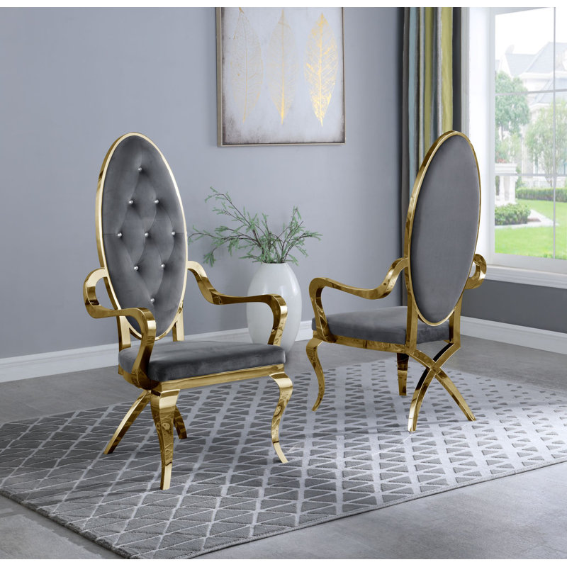 Tufted Velvet Upholstered Armchair, Gold, Dark Gray Velvet