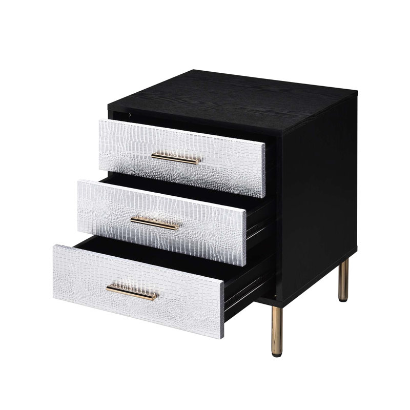 Table de chevet 3 tiroirs avec pieds en métal et façade tendance pour chambre or