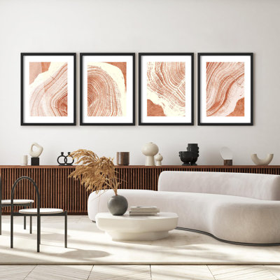 Art mural encadré, ensemble de galerie, anneau de bois brun, dessin au trait, plantes florales, art numérique, minimalisme, gros plan, détente / calme pour le salon, la chambre à coucher, le bureau