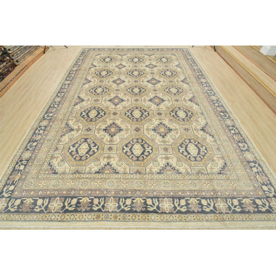 Tapis bleu / beige en laine noué à la main de conception unique 10 pi 2 po x 14 pi 3 po