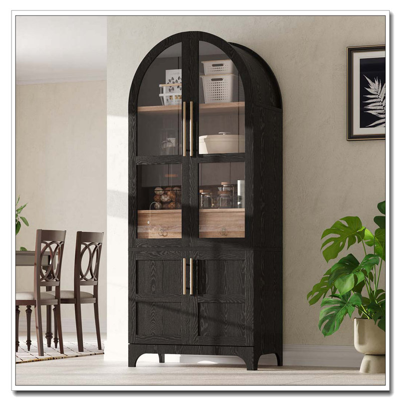 71″ Tall Arched Kitchen Pantry Cabinet with Door Shelves and Hidden Drawer, Black