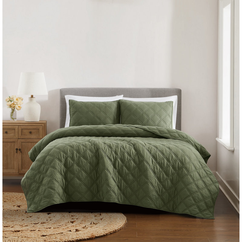 Brooklyn Loom Diamond Washed Cotton Quilt Set, Green, Twin Extra Long Quilt  + 1 Sham