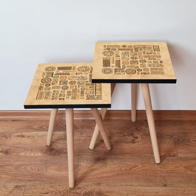 Elegant Nesting Table Set (2 Pieces), Beige & Brown, 13.8 x 18.5 x 13.8 inches | 100% MDF with Beech Wood Legs, Thickness: 0.7 inches | Stylish Geometric Design, Perfect for Living Room & Modern Decor