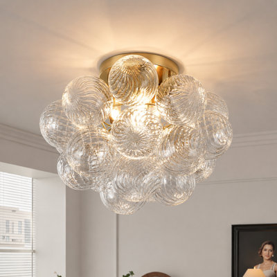 Plafonnier encastré 4 lumières or avec une grappe de globes de verre iridescents