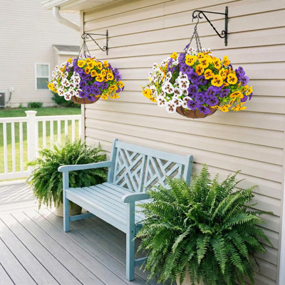 2 ensembles de fleurs artificielles à suspendre avec paniers, 24 pièces en soie artificielle résistante aux rayons UV pour suspendre le patio, le jardin et la maison (2, blanc, jaune, mauve)