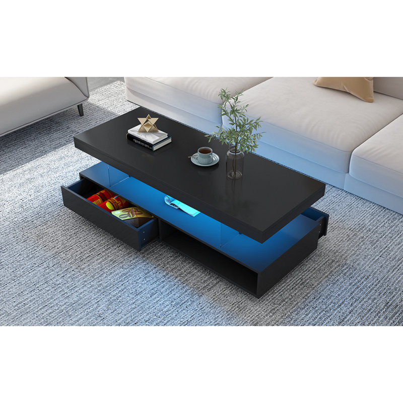 Table basse à DEL U-Can avec rangement, table centrale moderne avec 2 tiroirs et tablettes de présentation, mobilier d'appoint avec lumières DEL pour le salon, blanc