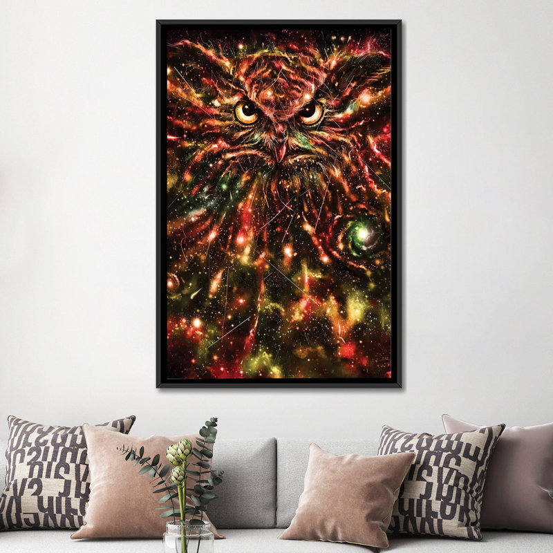 « space hibou », impression sur toile, H 26 po x l 18 po x P 1,5 po, Toile avec cadre noir, Pas de tapis