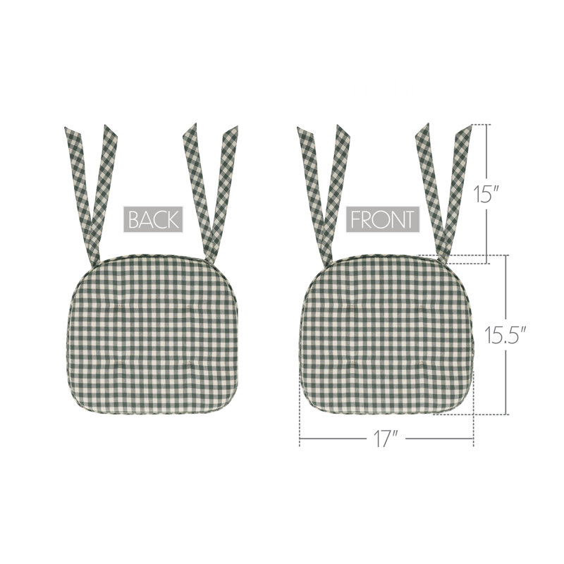 Deep Moss Green Gingham Cotton Chair Pad - 15.5x17 Cushioned Seat Cushion - , Green/Tan Checkered