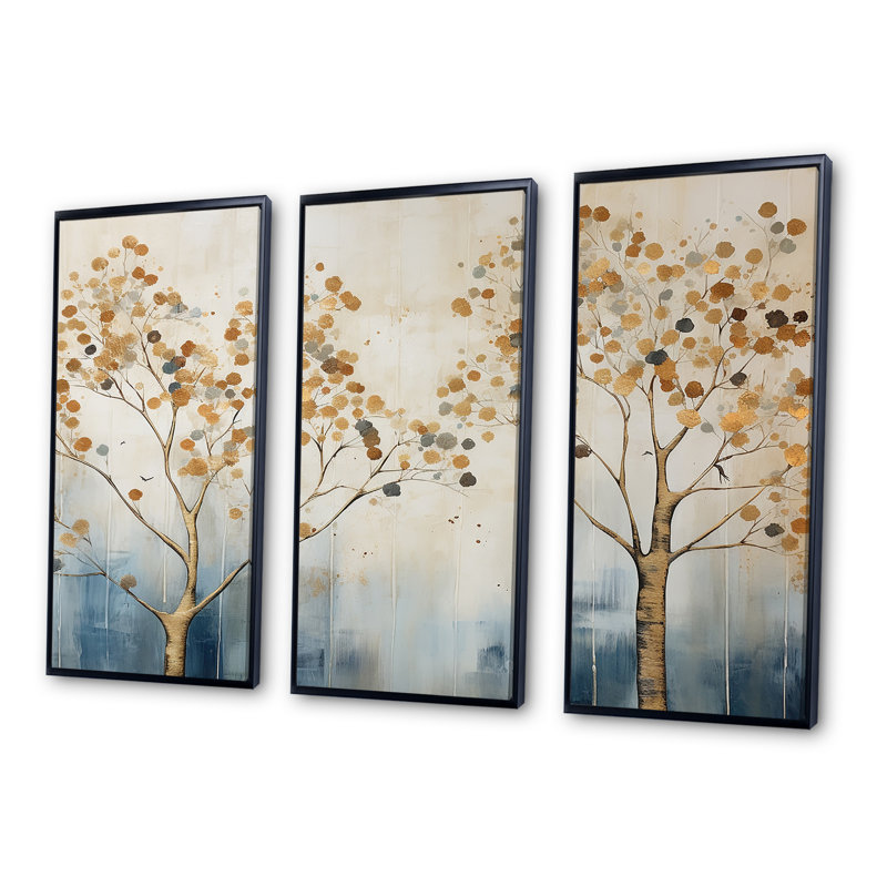 Ensemble de salon art mural arbre doré et bleu Harmony II, Cadre flottant noir, H 32 po x l 48 po x P 1 po