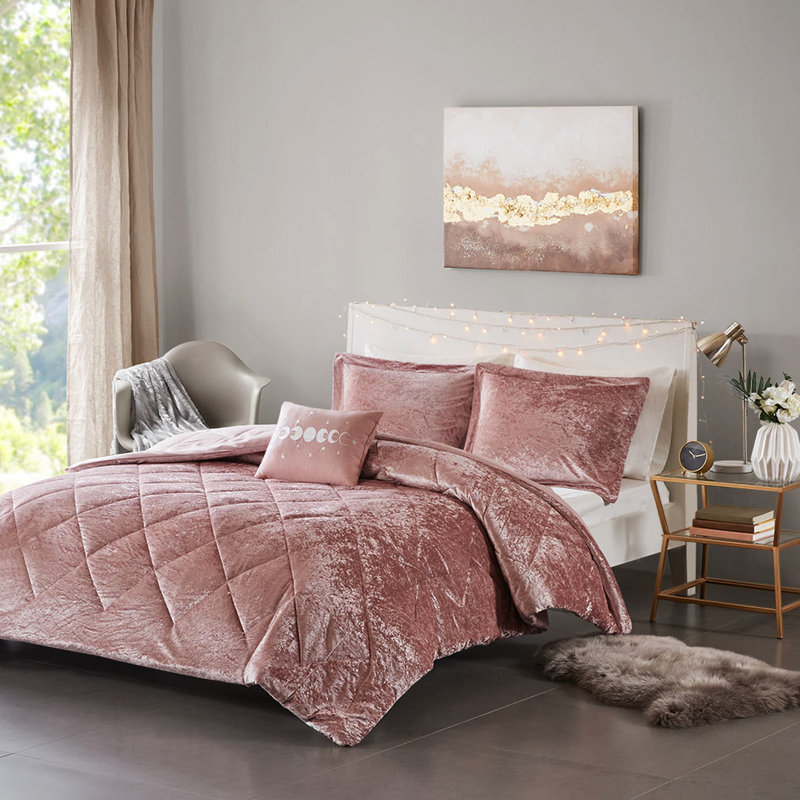 Édredon en velours rosé pour très grand / très grand lit, rembourrage, losange avec 3 coussins lavables à la machine, coussin décoratif