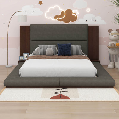 Upholstered Floor Bed With Extended Wood Headboard & Bedside Shelf