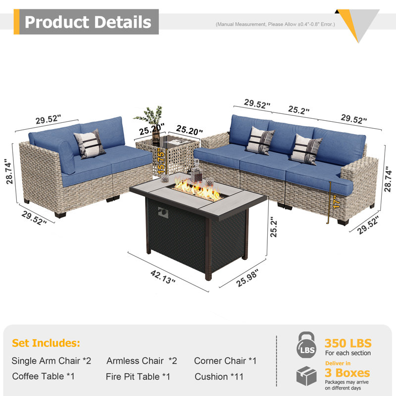 Ensemble de conversation pour 5 personnes, ensemble de conversation modulaire en rotin et osier avec coussins, ensemble de conversation pour canapé toutes saisons avec table pour jardin