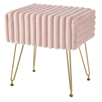 Vanity Stool With Striped Faux Fur Seat,Modern Vanity Bench Stool For Dressing Table And Bedroom, White by Mercer41