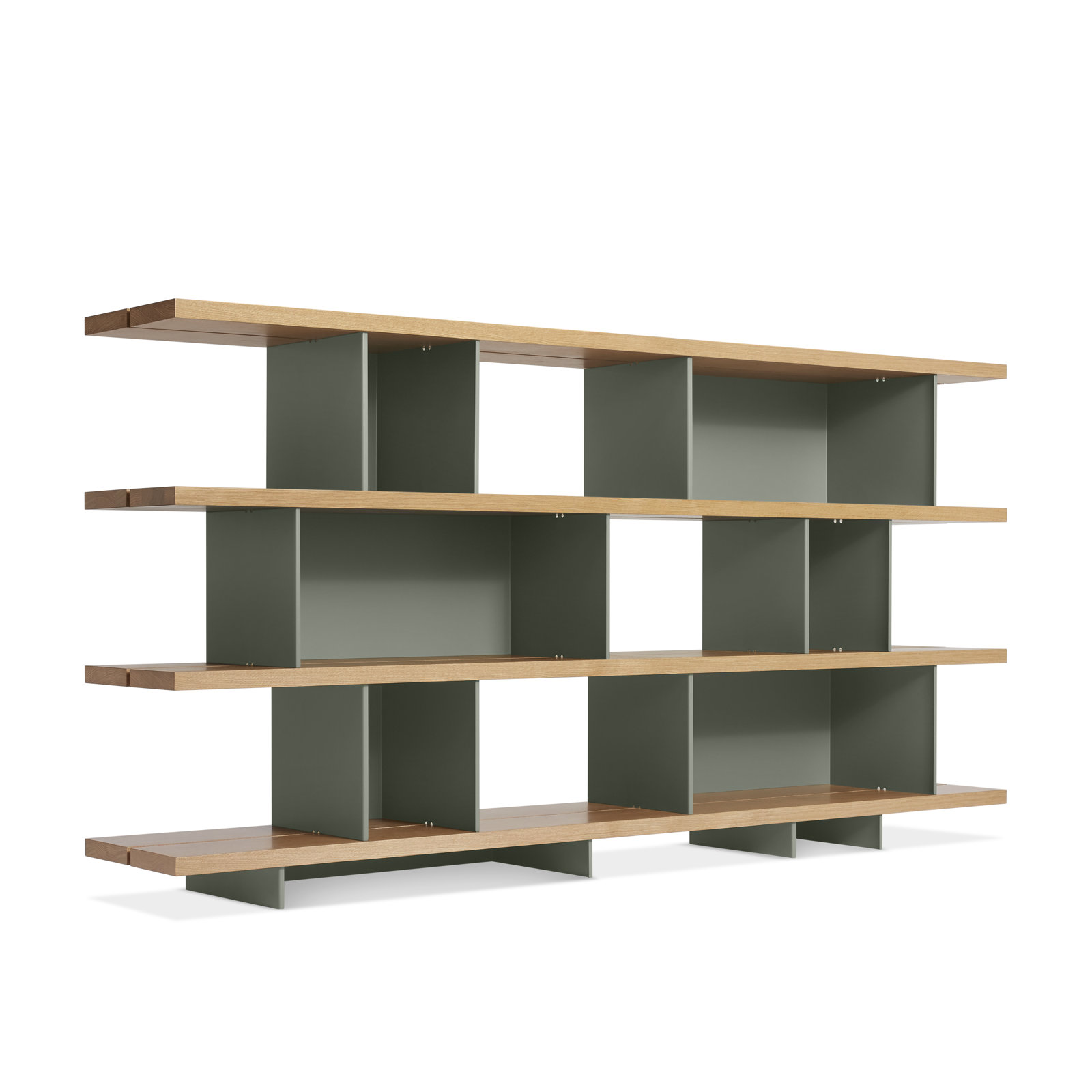 Happy Day Wide Bookcase, (4 Shelves) 41" H x 81" W x 14" D, White Oak/Gray Green