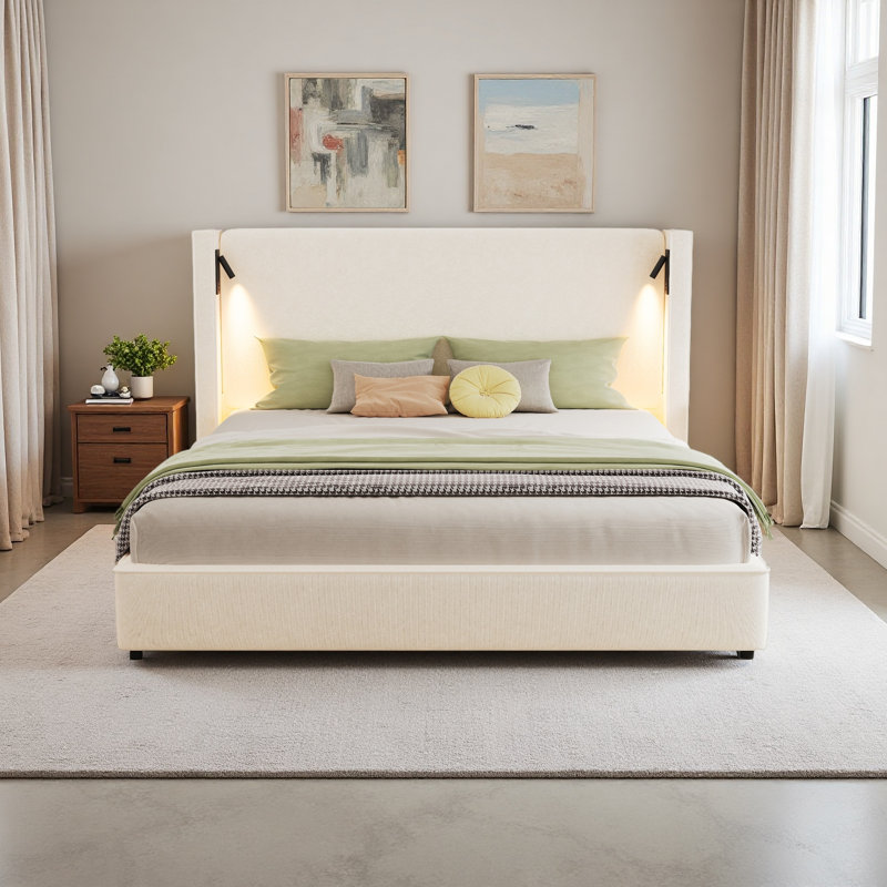 Base de lit rembourrée avec tête de lit haute à oreilles, lampe de lecture et port USB, Très grand lit